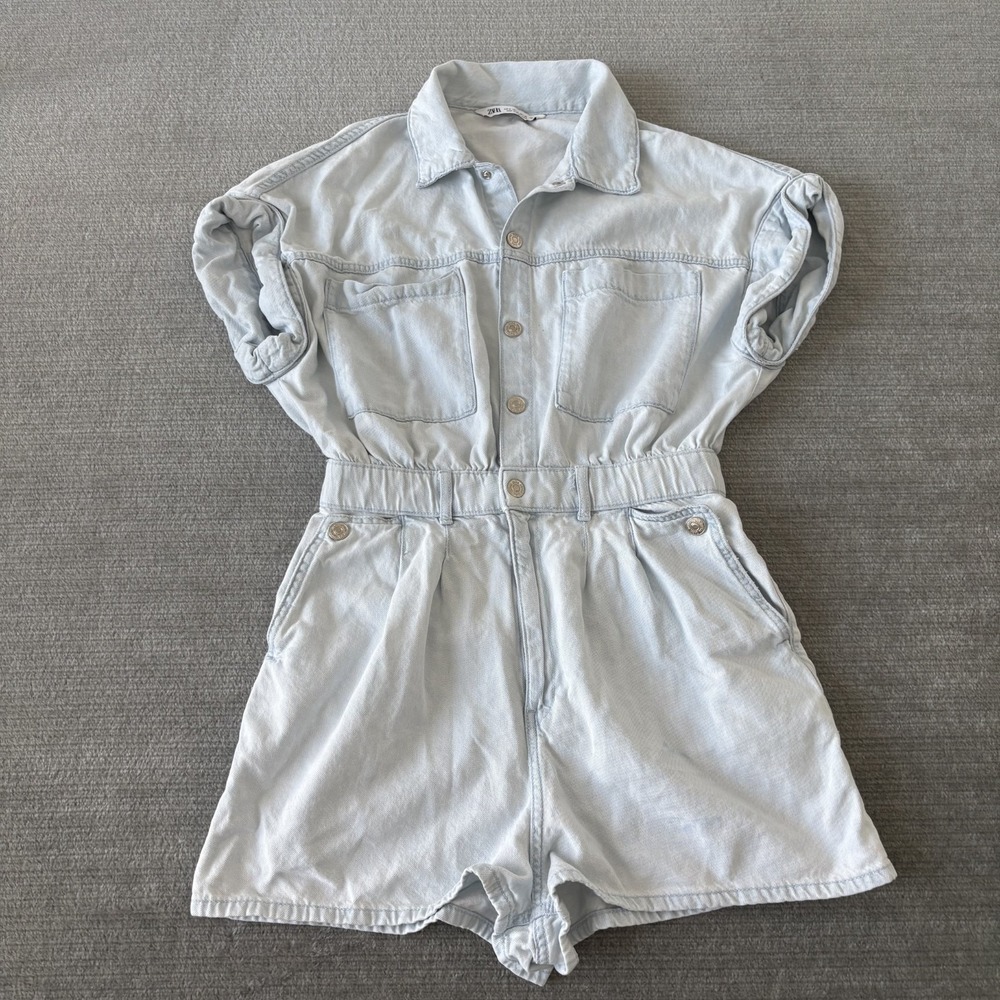Zara Denim Shortall Romper M Blue Cotton Utility Casual Workwear Snap Button